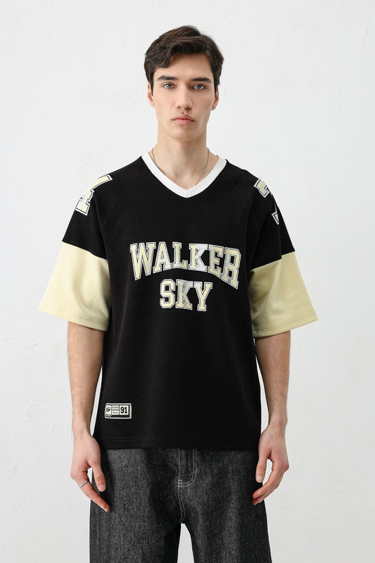 Oversized Ribbed V-Neck Printed T-Shirt