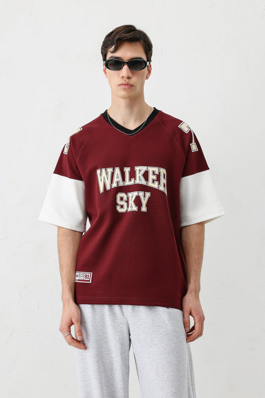 Oversized Ribbed V-Neck Printed T-Shirt