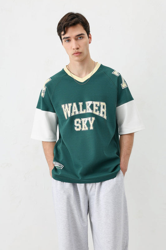 Oversized Ribbed V-Neck Printed T-Shirt