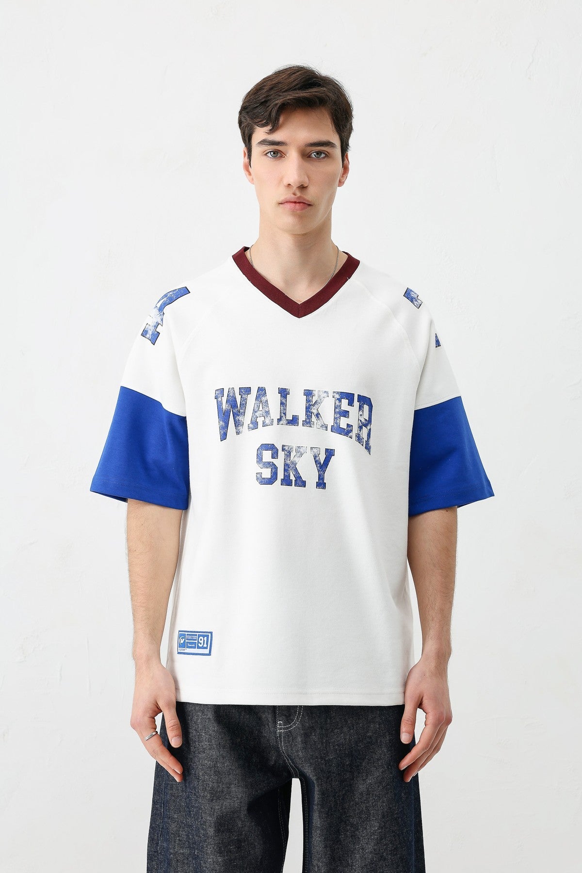 Oversized Ribbed V-Neck Printed T-Shirt