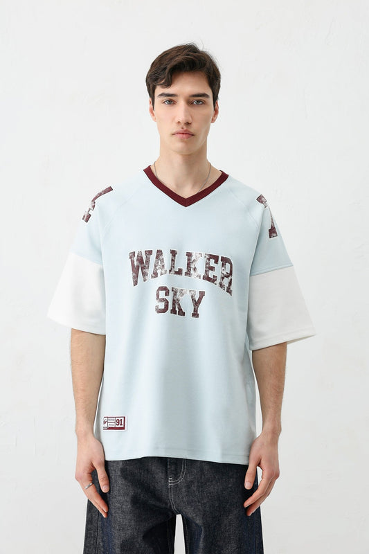 Oversized Ribbed V-Neck Printed T-Shirt