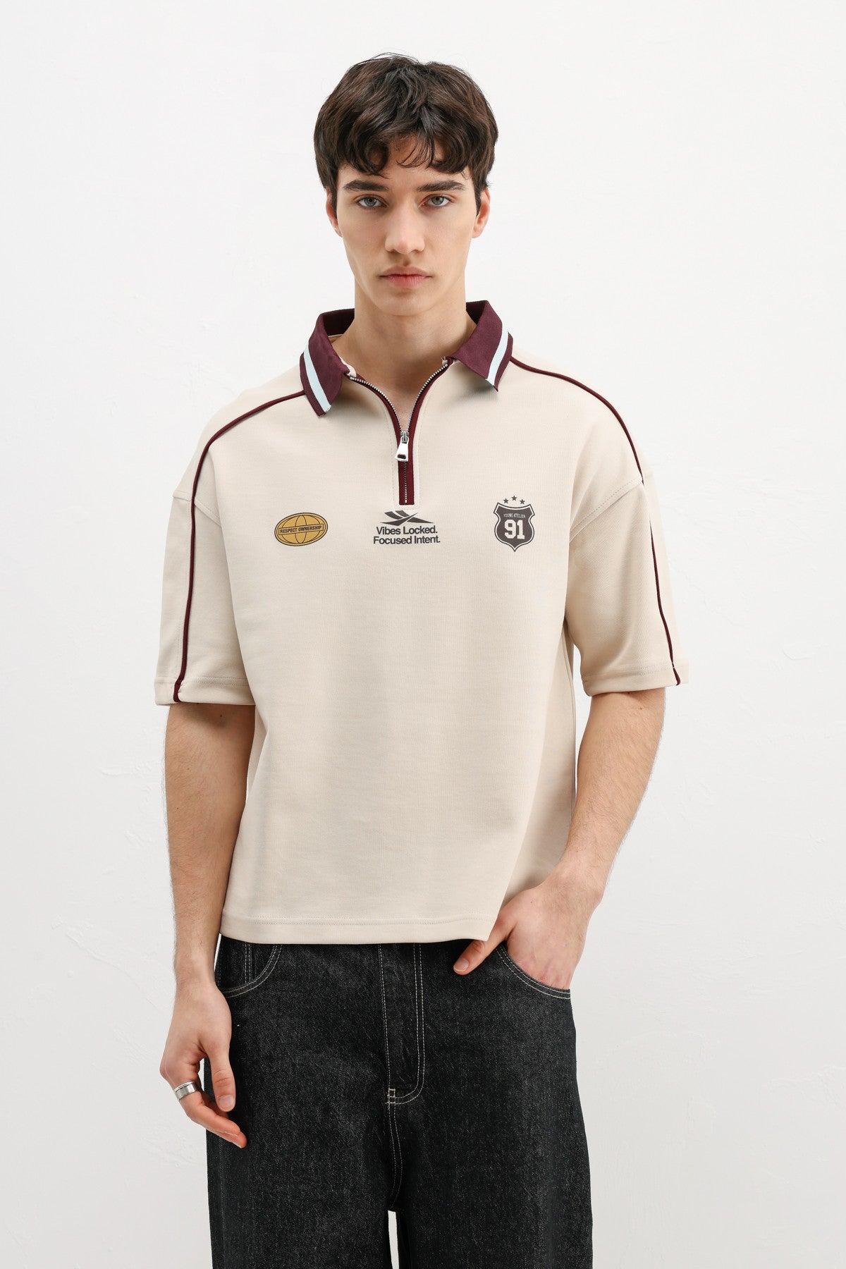 Oversized T-Shirt with Zipper Collar and Print