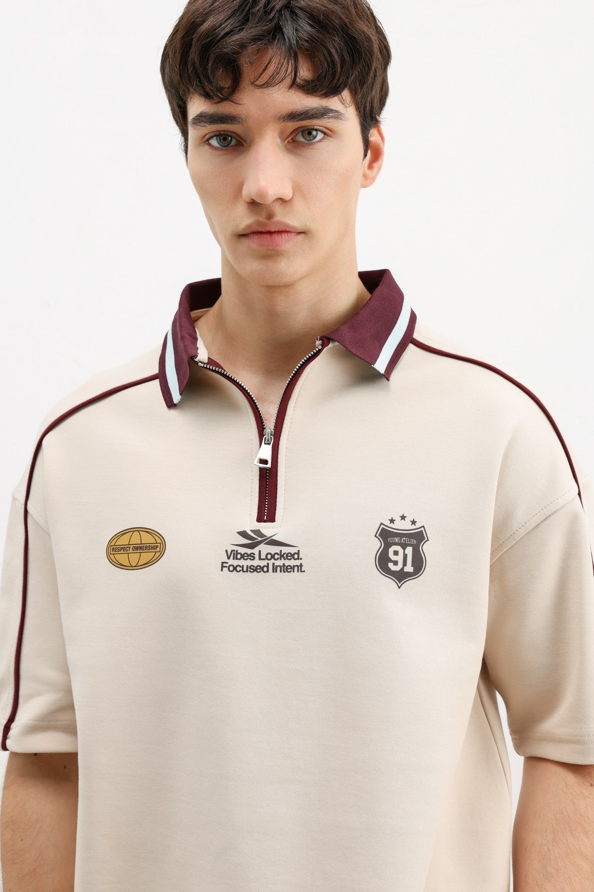 Oversized T-Shirt with Zipper Collar and Print