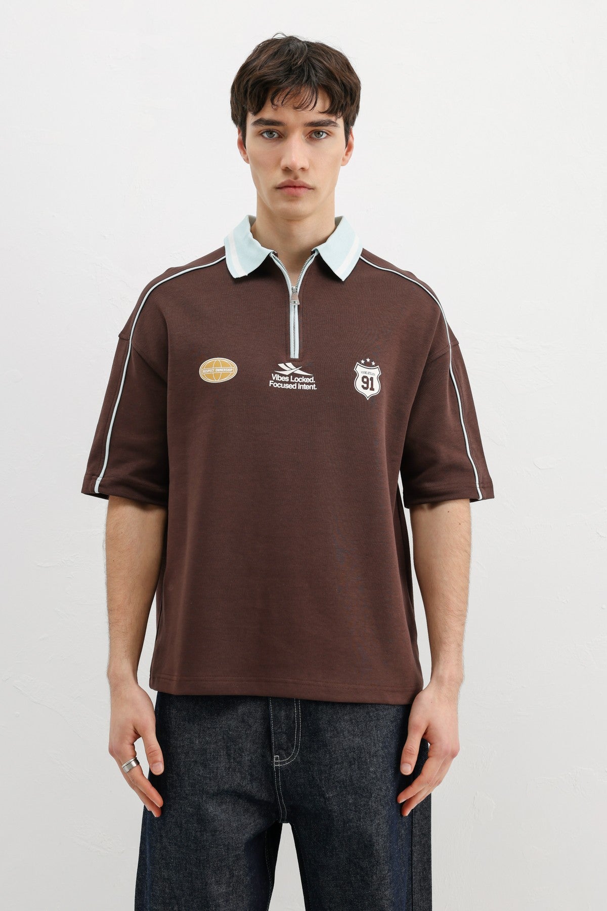 Oversized T-Shirt with Zipper Collar and Print
