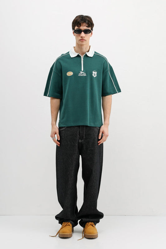 Oversized T-Shirt with Zipper Collar and Print