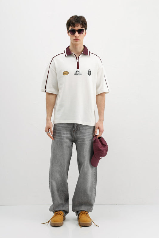 Oversized T-Shirt with Zipper Collar and Print