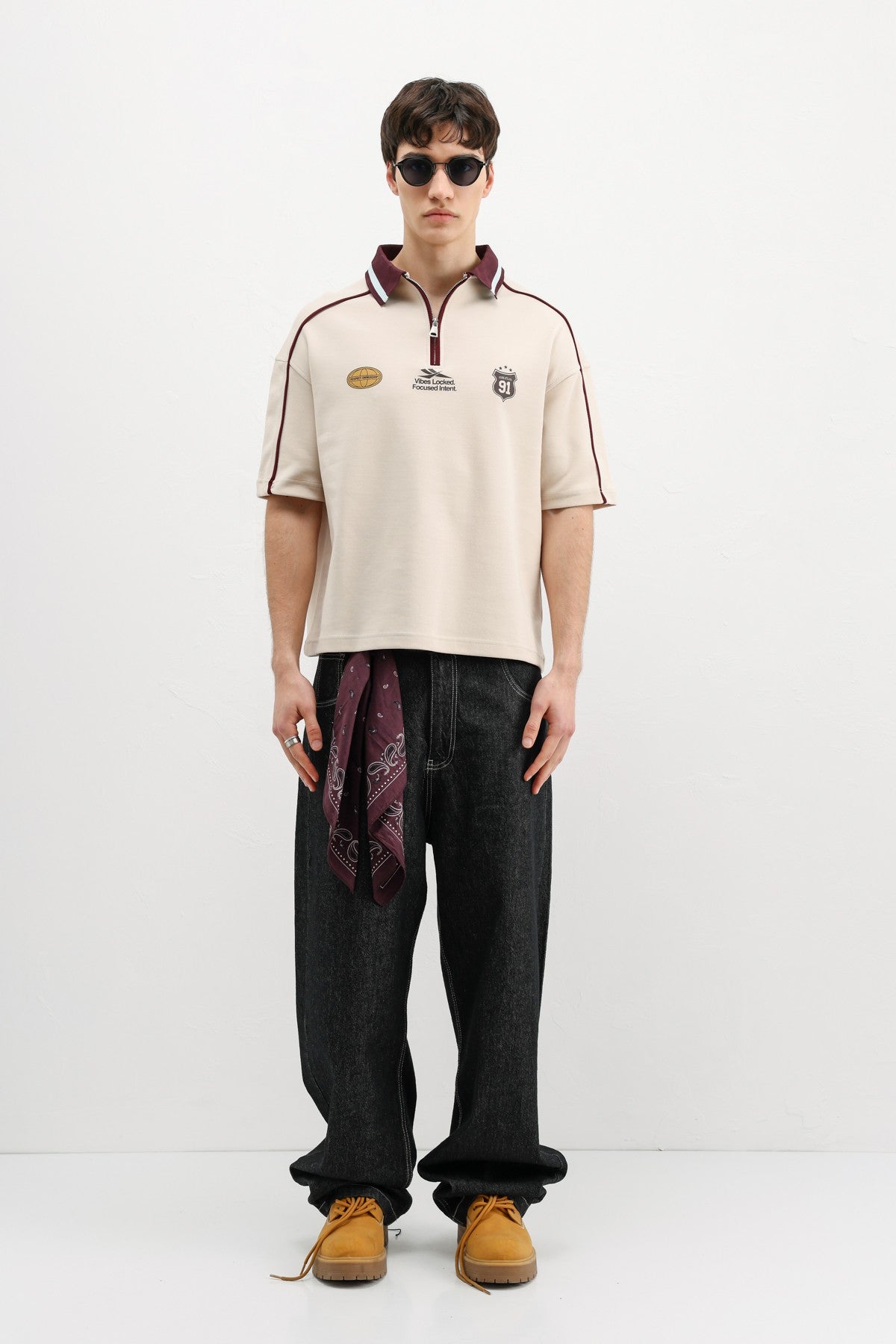 Oversized T-Shirt with Zipper Collar and Print