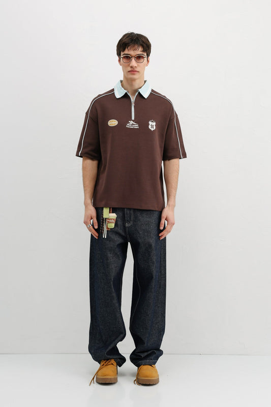 Oversized T-Shirt with Zipper Collar and Print
