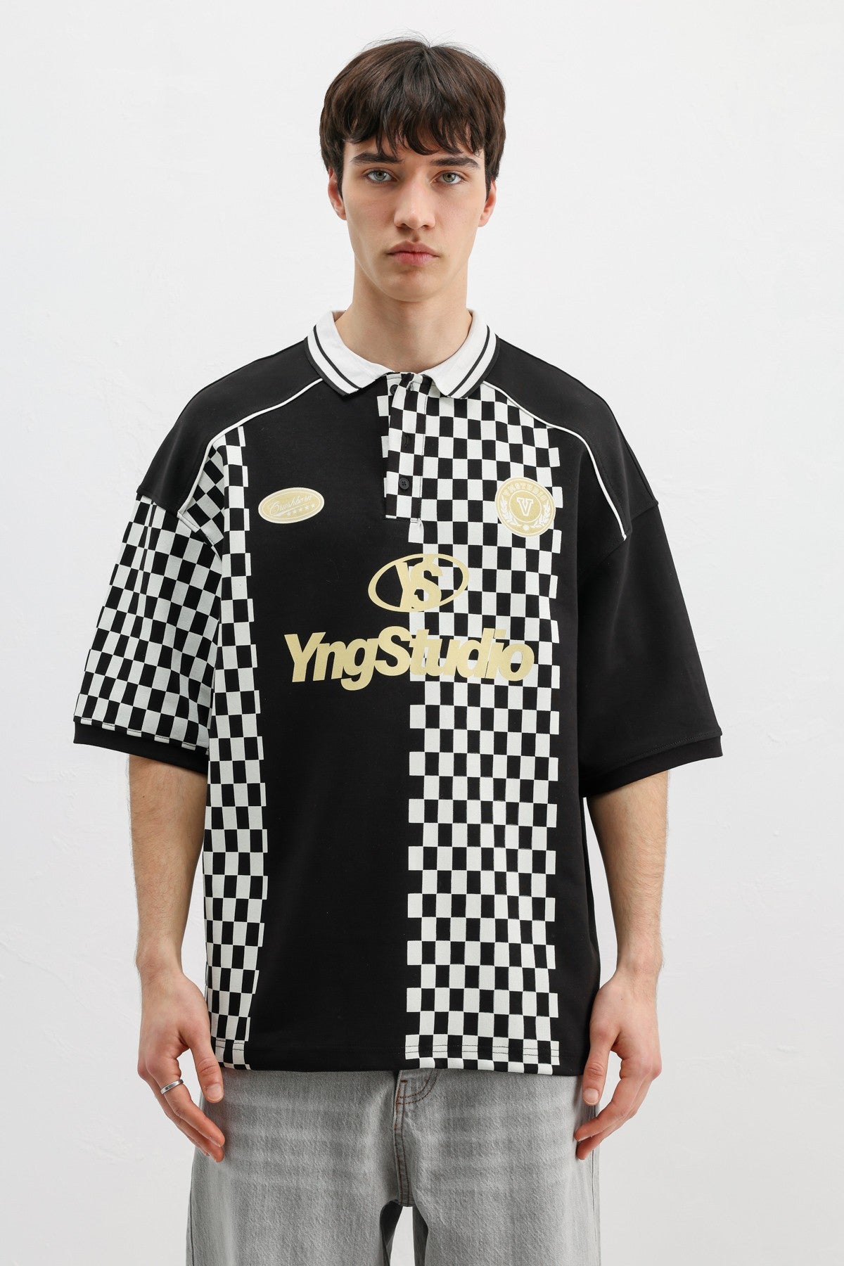 Oversized T-Shirt with Polo Collar Print