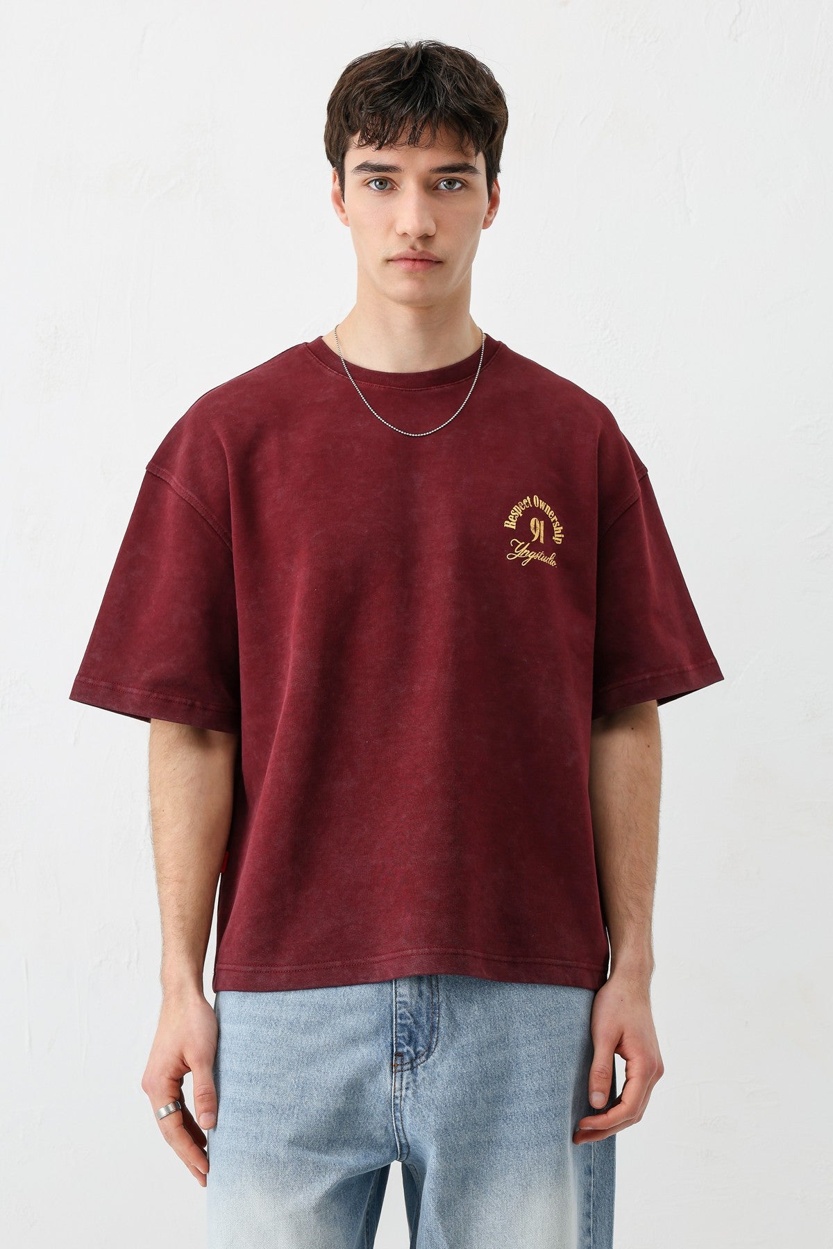 Short-Sleeved Boxy-Fit Printed T-Shirt, Burgundy