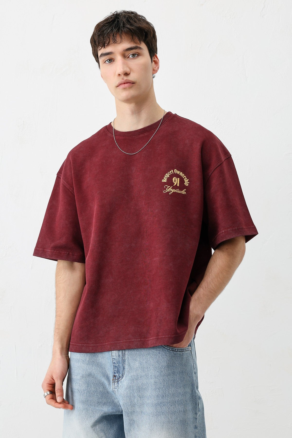Short-Sleeved Boxy-Fit Printed T-Shirt, Burgundy
