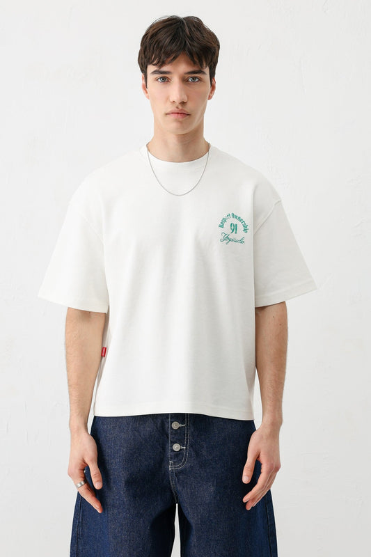 Short-Sleeved Boxy-Fit Printed T-Shirt, Ecru