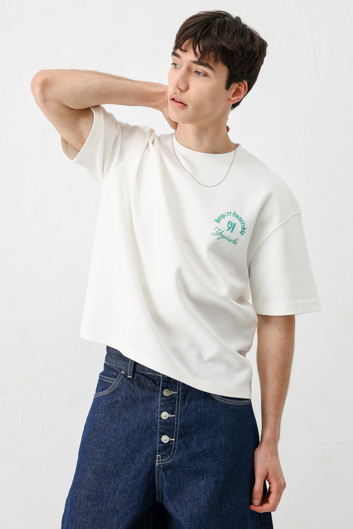 Short-Sleeved Boxy-Fit Printed T-Shirt, Ecru