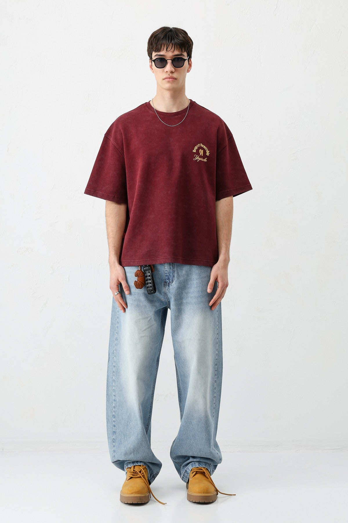 Short-Sleeved Boxy-Fit Printed T-Shirt, Burgundy