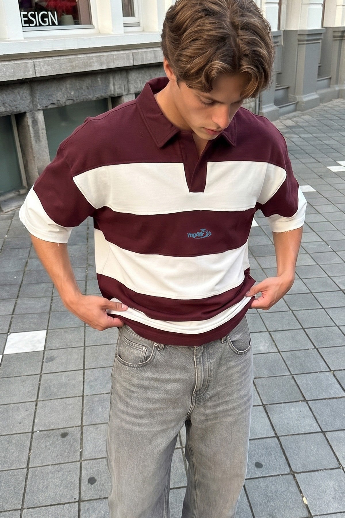 Oversized Rugby-Collar Striped T-Shirt