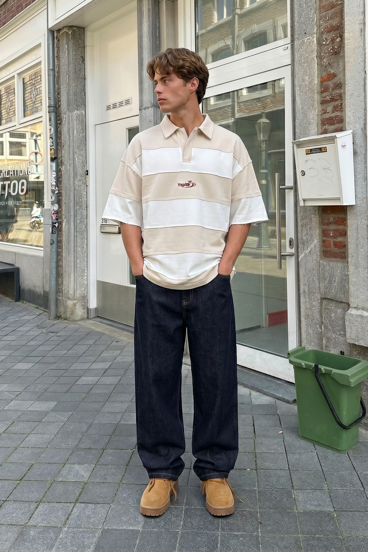 Oversized Rugby-Collar Striped T-Shirt