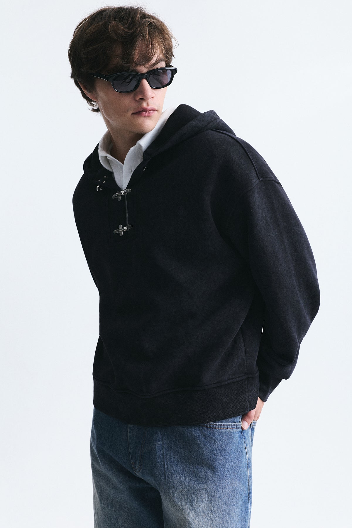 Boxy Fit Metal Clip-Front Sweatshirt