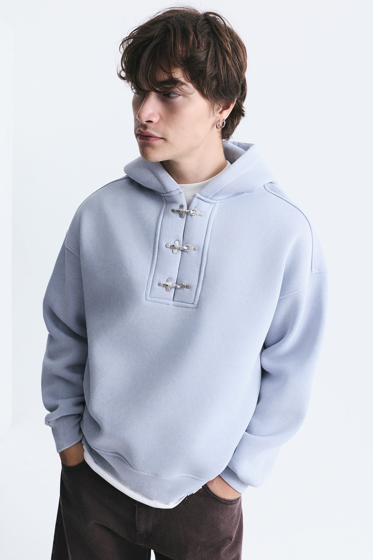 Boxy Fit Metal Clip-Front Sweatshirt