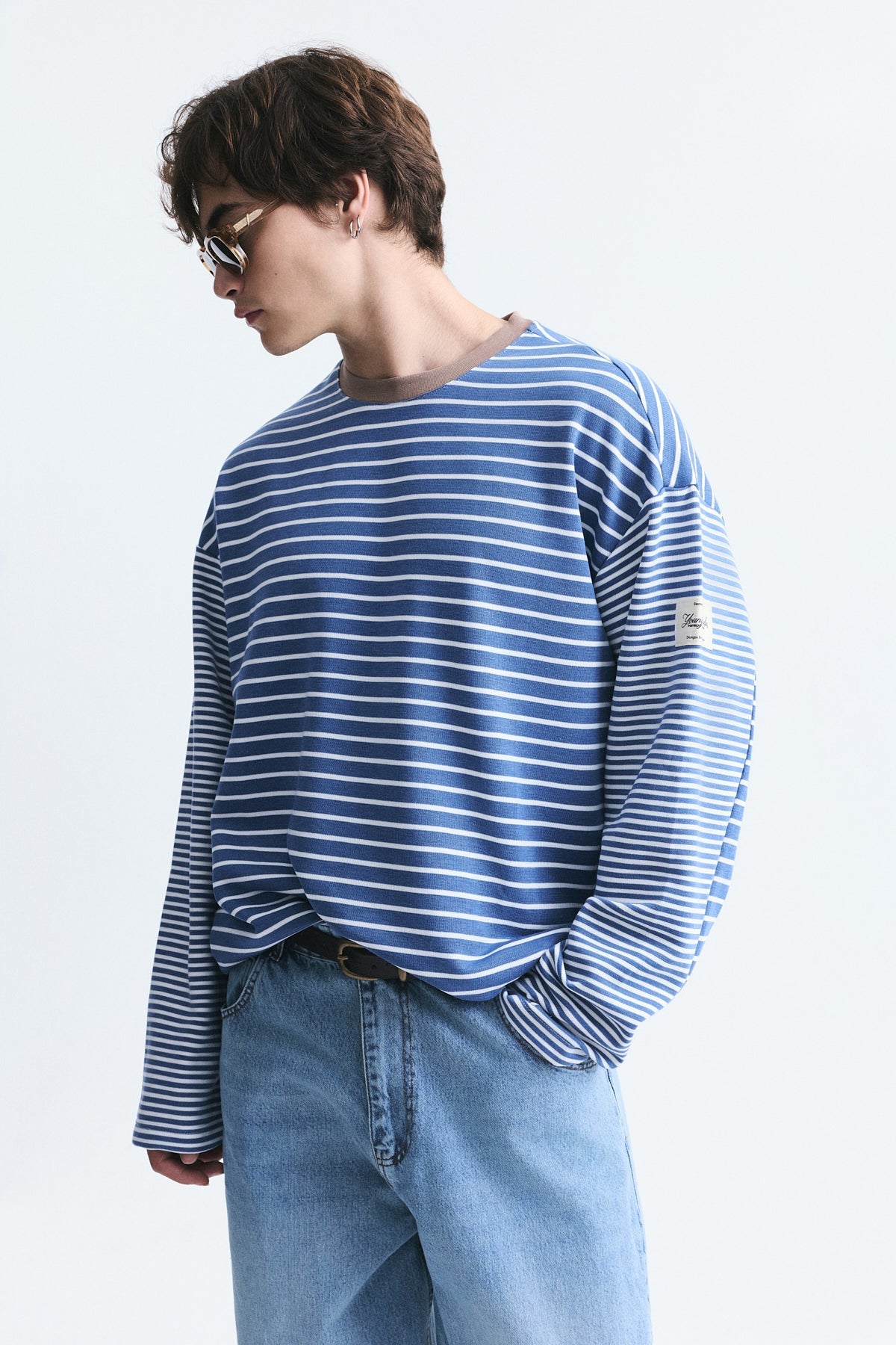 Contrast-Collar Striped Sweatshirt