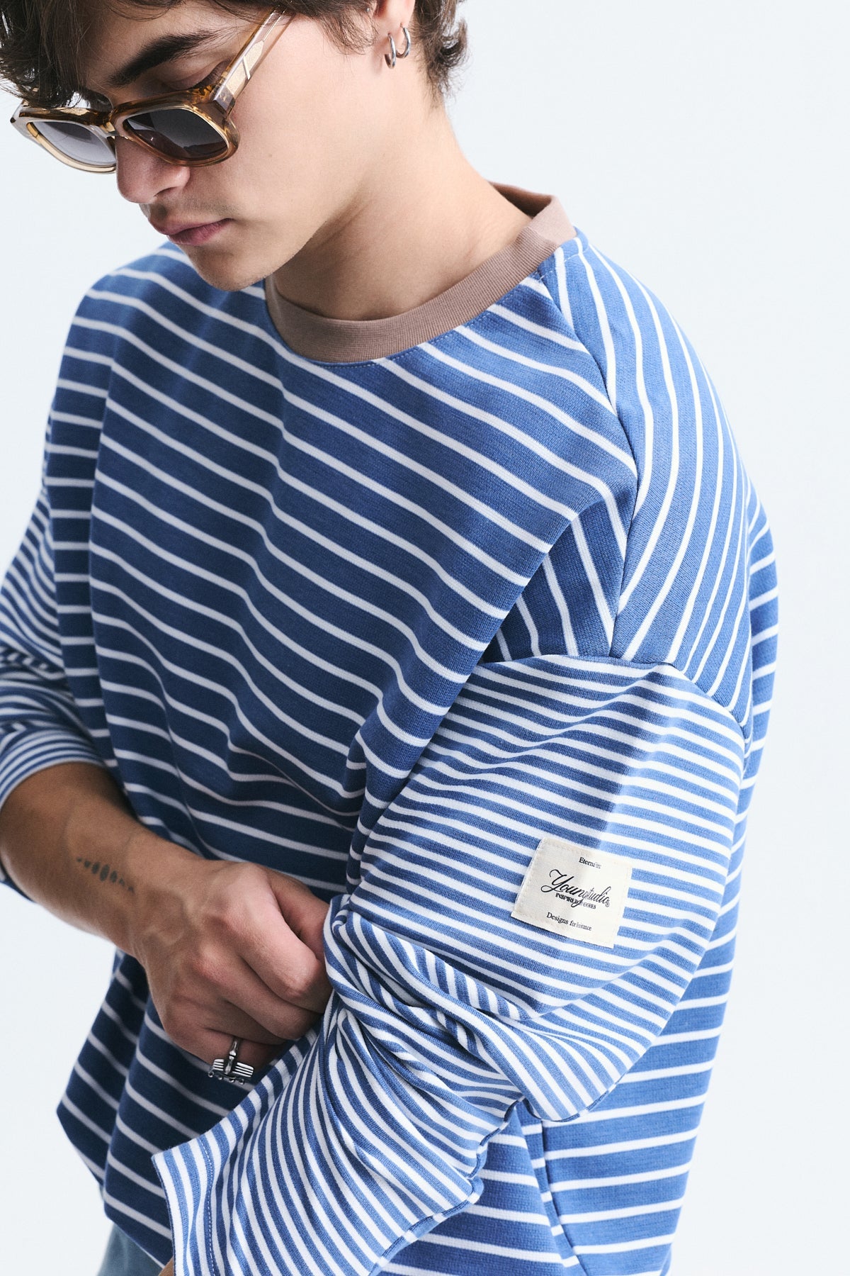 Contrast-Collar Striped Sweatshirt