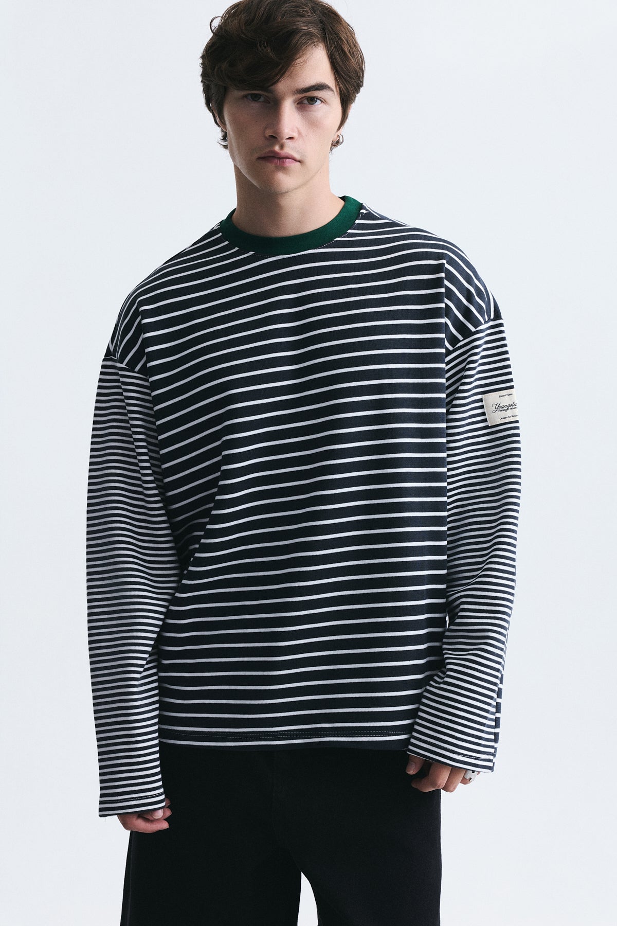 Contrast-Collar Striped Sweatshirt