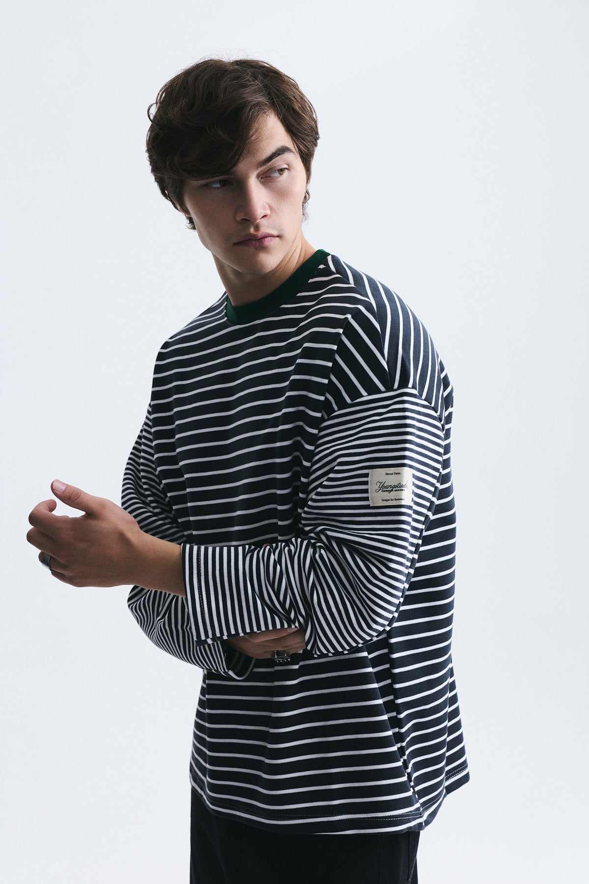 Contrast-Collar Striped Sweatshirt