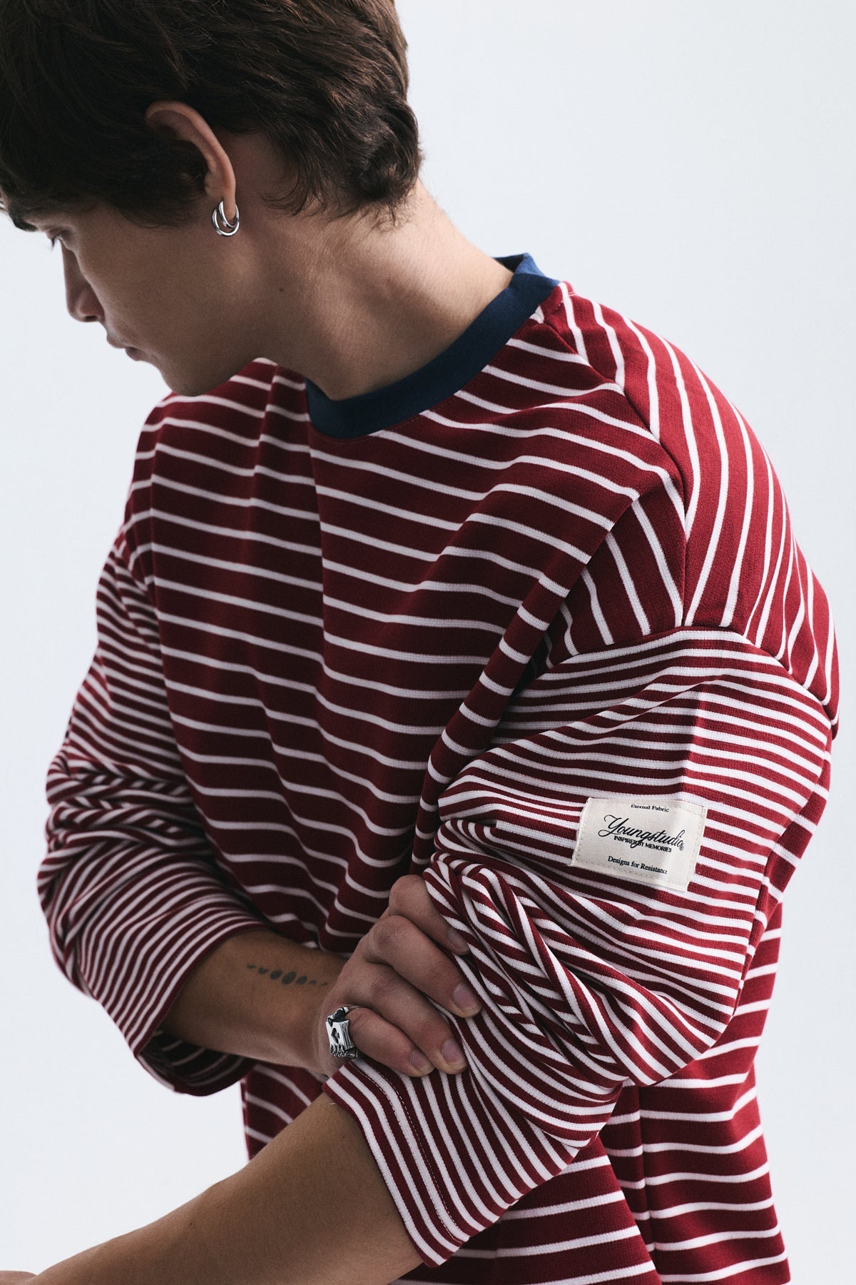 Contrast-Collar Striped Sweatshirt