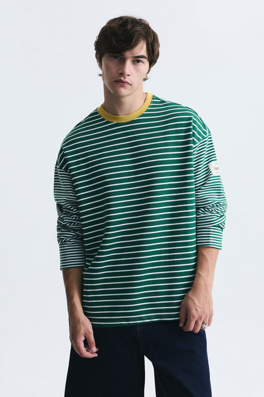 Contrast-Collar Striped Sweatshirt