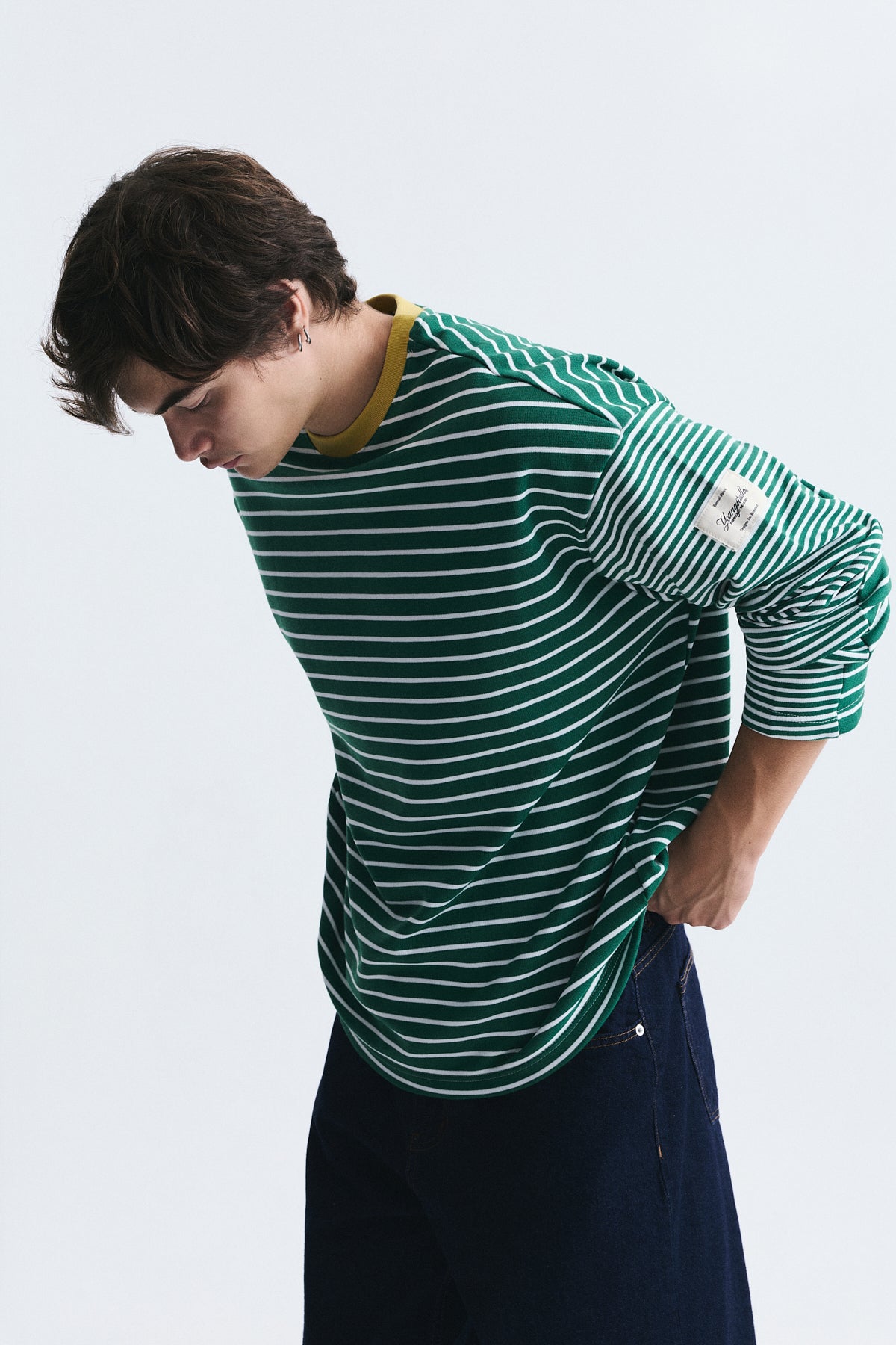 Contrast-Collar Striped Sweatshirt