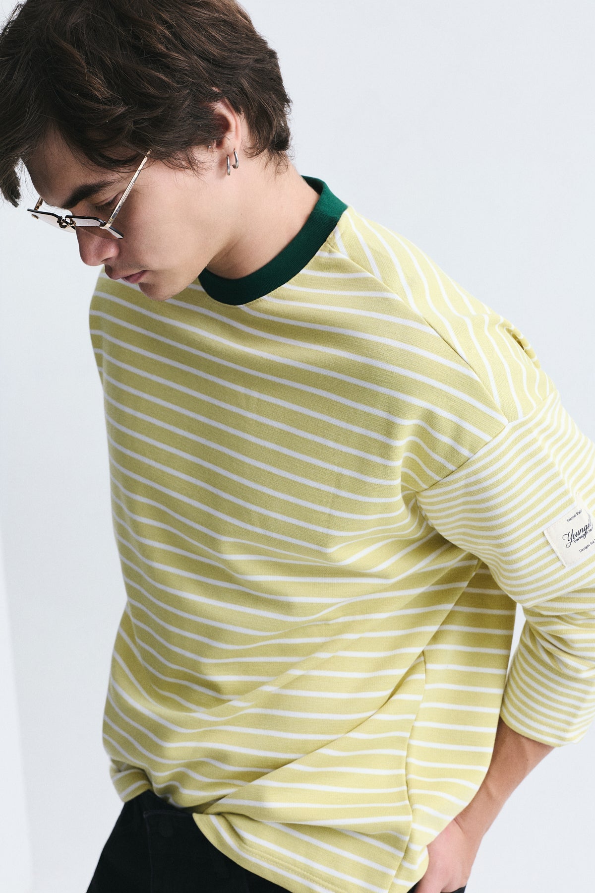 Contrast-Collar Striped Sweatshirt