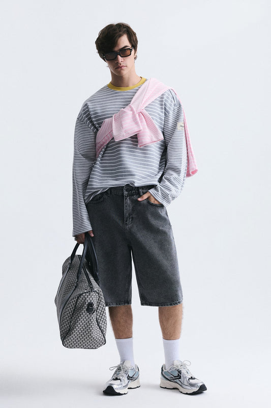 Contrast-Collar Striped Sweatshirt