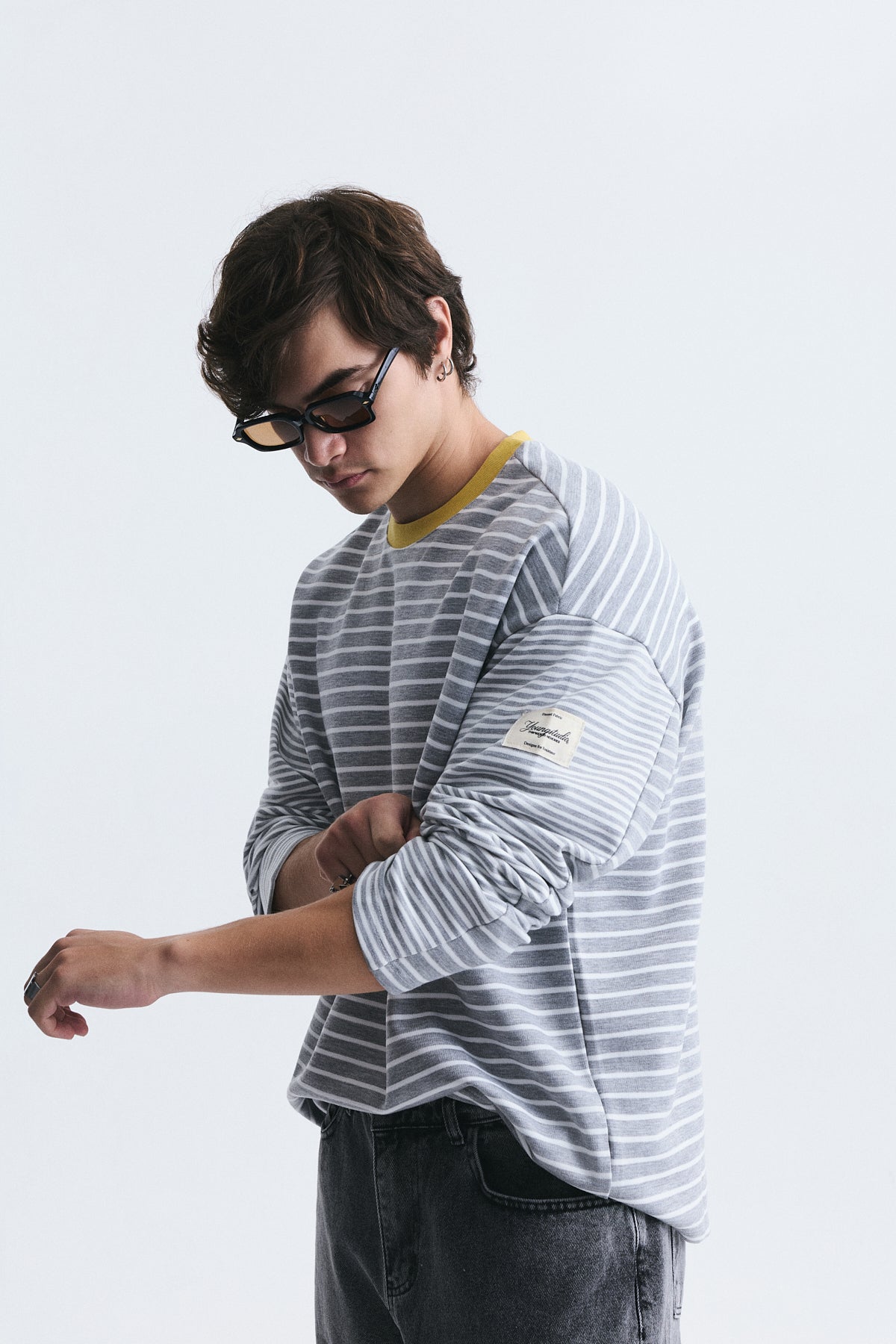 Contrast-Collar Striped Sweatshirt