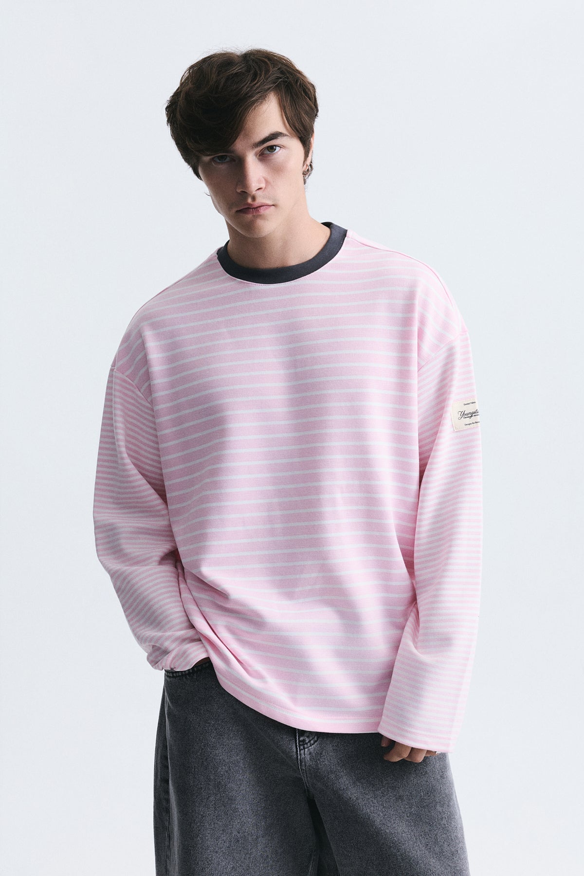 Contrast-Collar Striped Sweatshirt