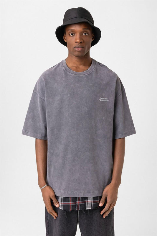 Oversized T-Shirt with Checkered Details and a Washed Look
