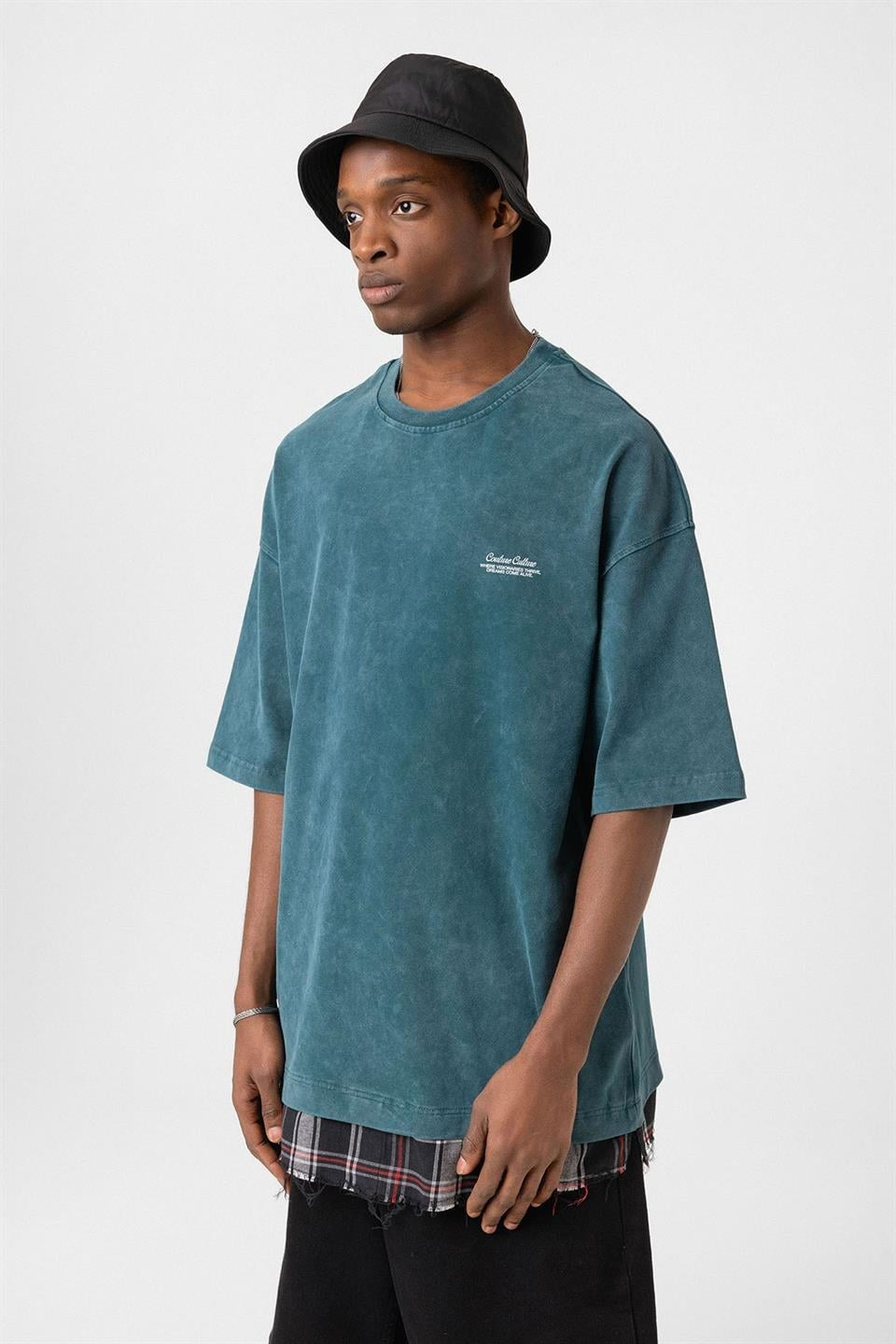 Oversized T-Shirt with Checkered Details and a Washed Look