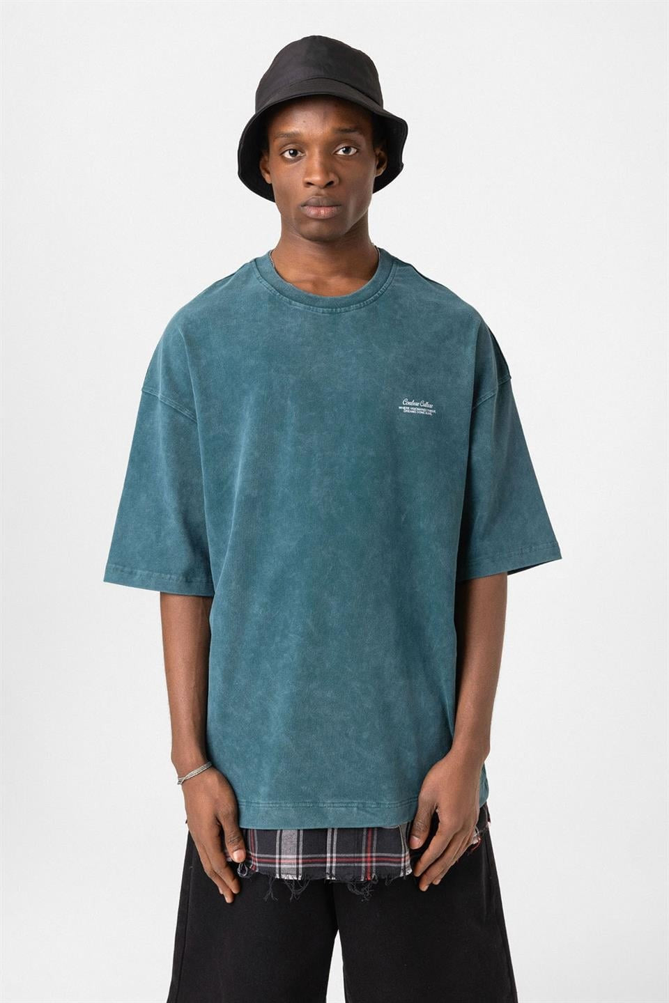 Oversized T-Shirt with Checkered Details and a Washed Look