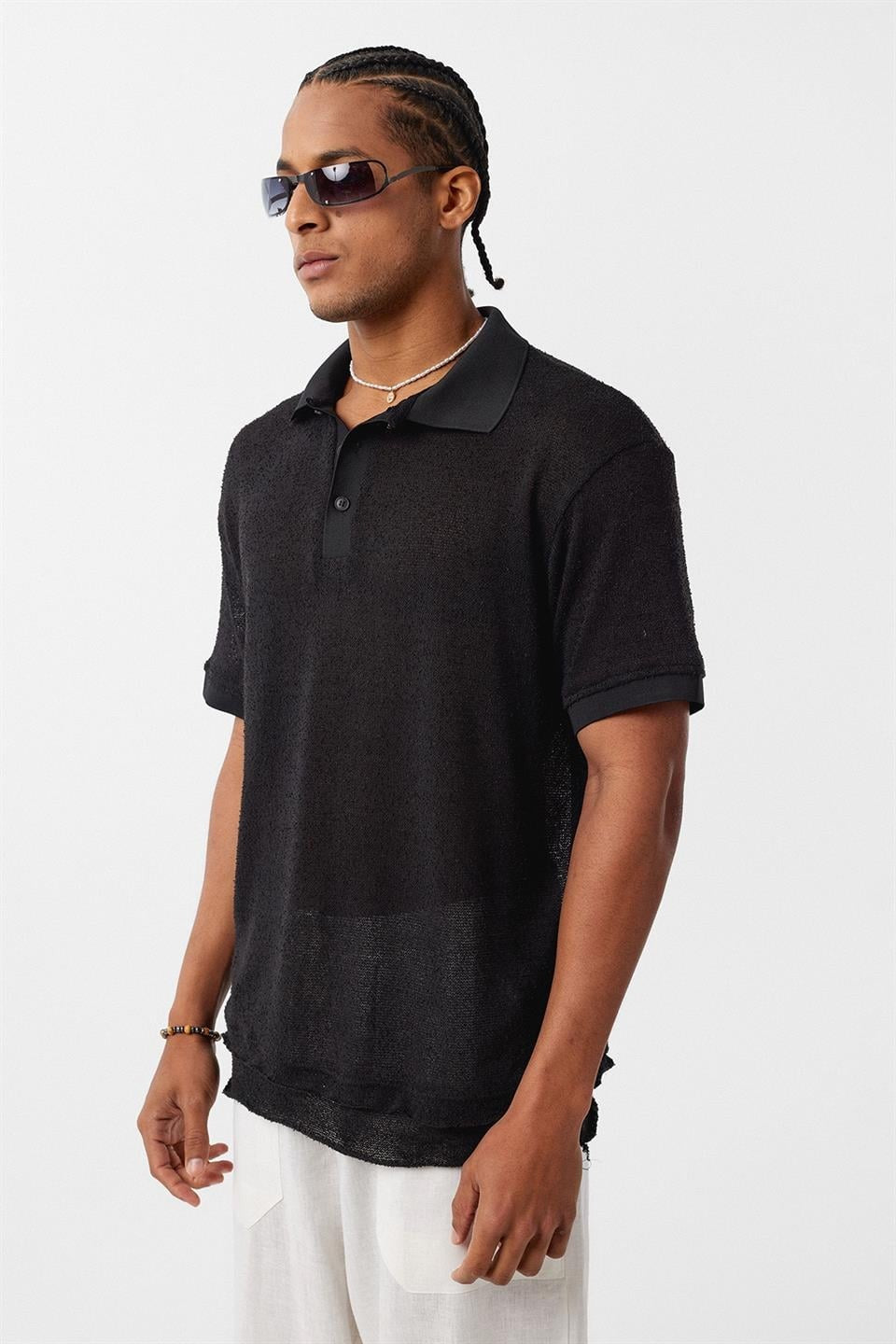 Oversized Polo-Neck Knit T-Shirt