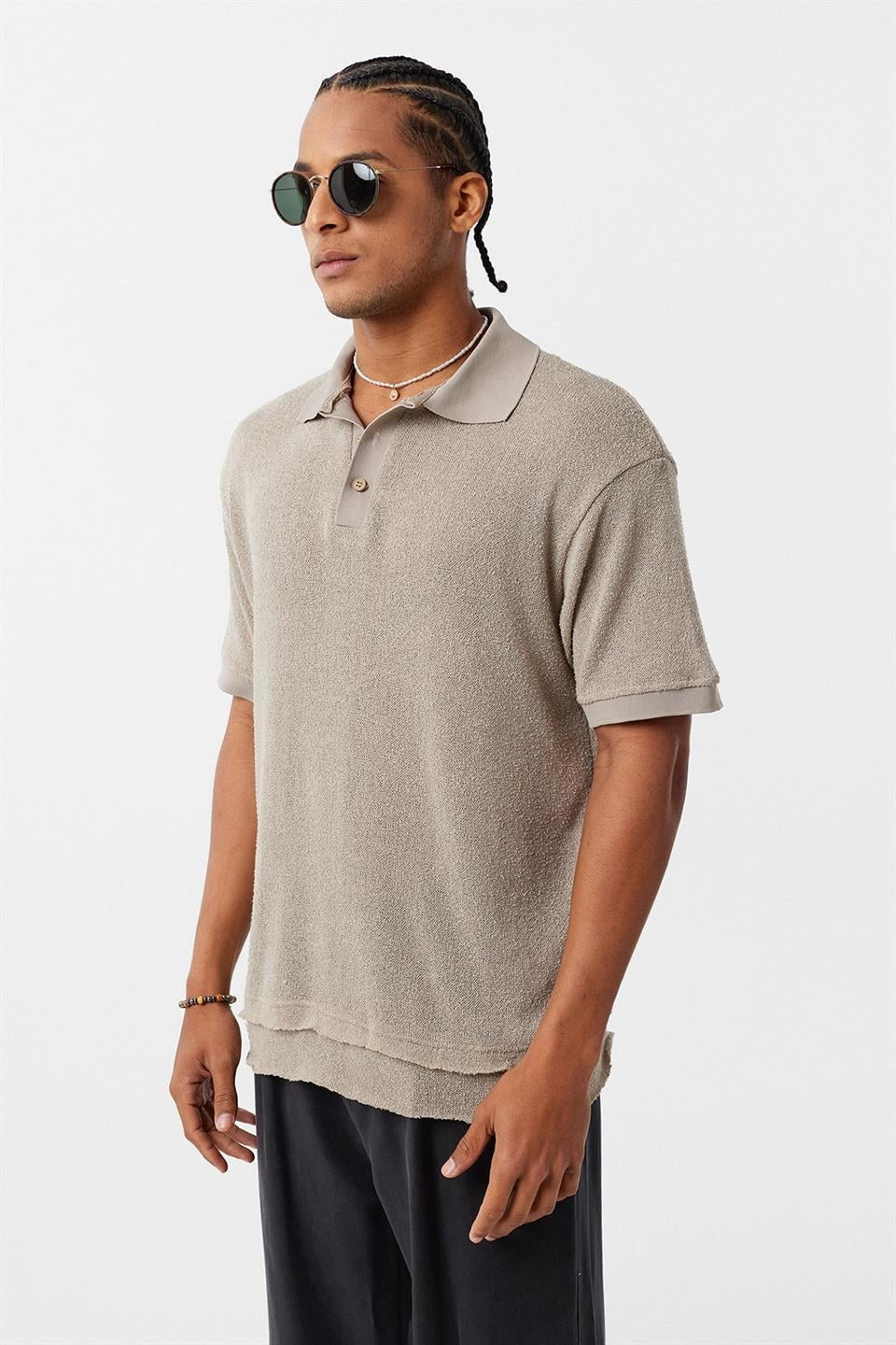 Oversized Polo-Neck Knit T-Shirt