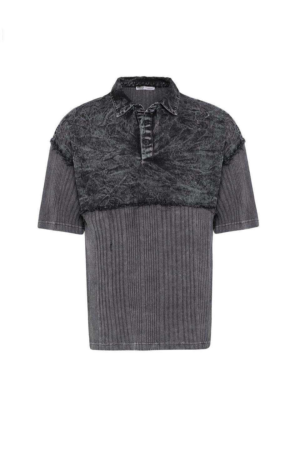 Pre-Washed Knit Oversized Polo-Neck T-Shirt, Black
