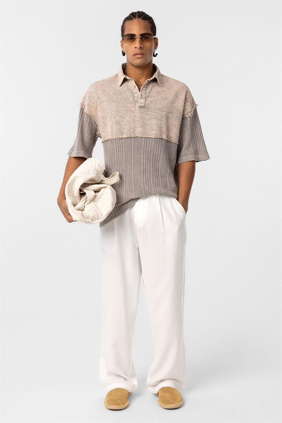 Pre-Washed Knit Oversized Polo-Neck T-Shirt