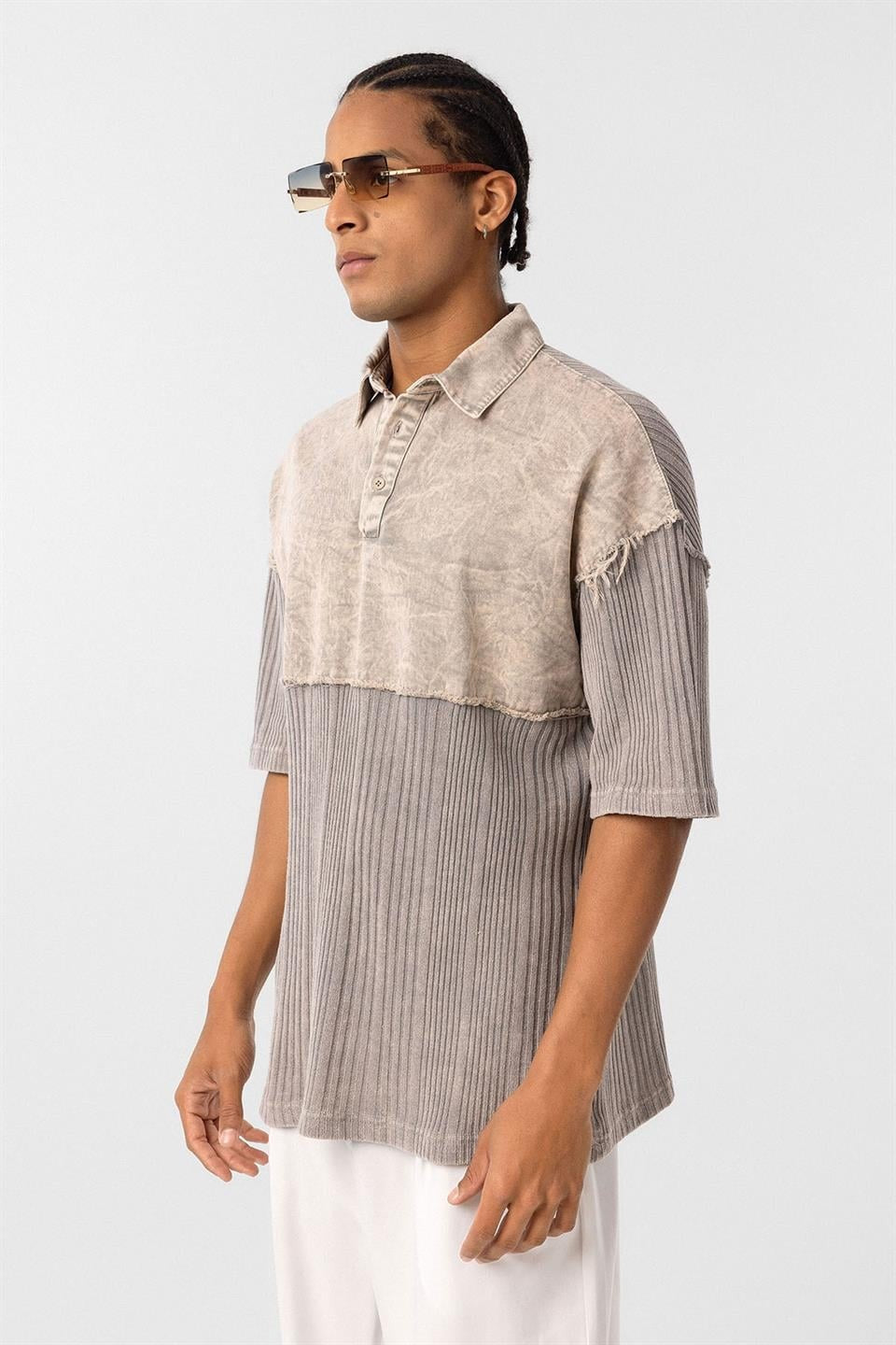 Pre-Washed Knit Oversized Polo-Neck T-Shirt