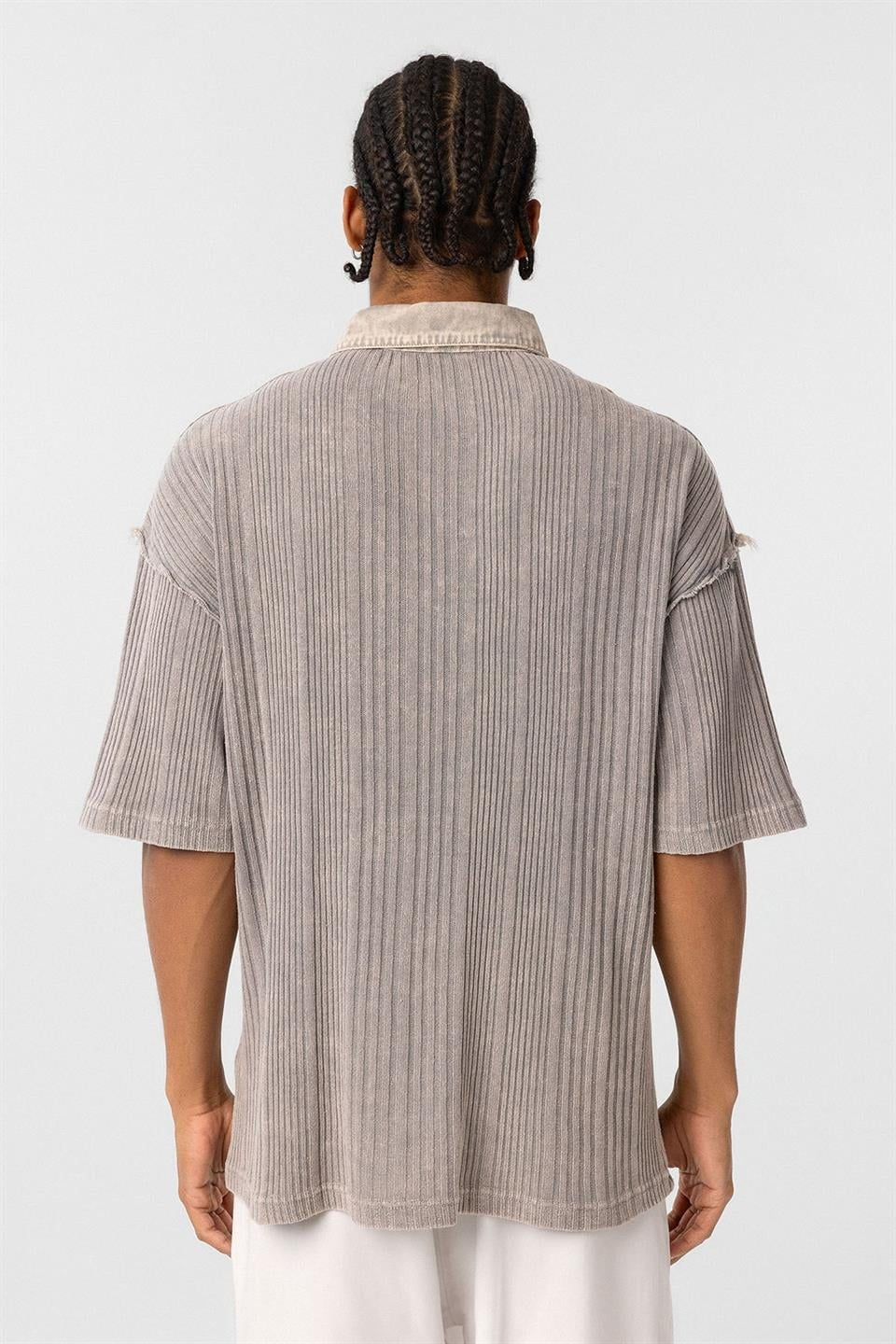 Pre-Washed Knit Oversized Polo-Neck T-Shirt