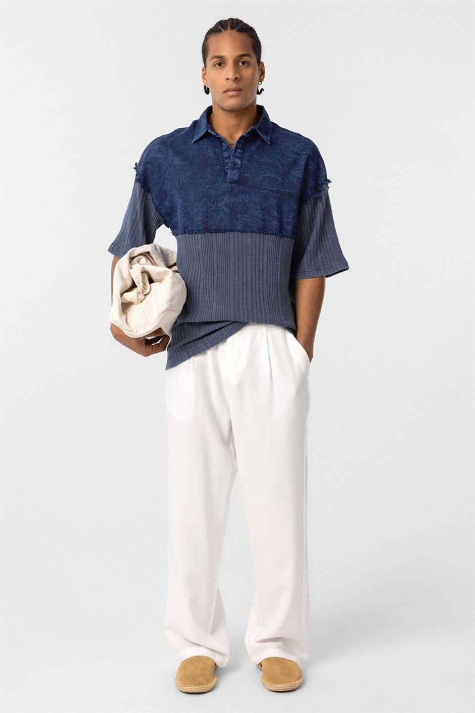 Pre-Washed Knit Oversized Polo Neck T-Shirt, Indigo