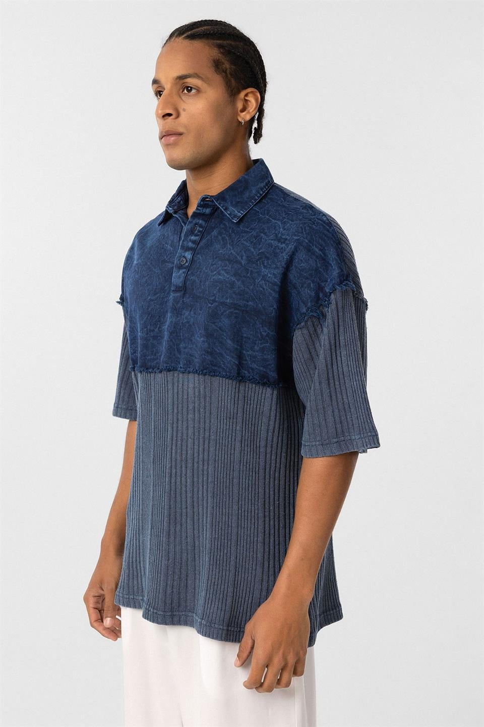 Pre-Washed Knit Oversized Polo Neck T-Shirt, Indigo