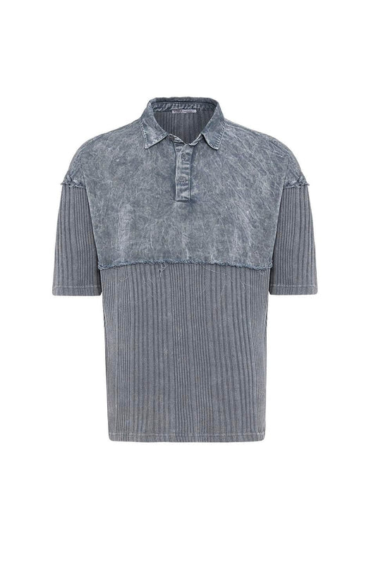 Pre-Washed Knit Oversized Polo-Neck T-Shirt