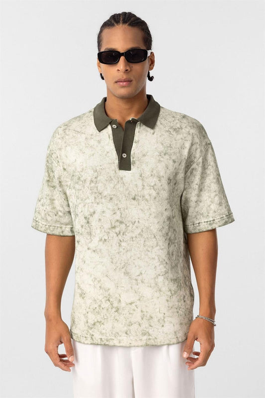 Pre-Washed Knit Oversized Polo-Neck T-Shirt
