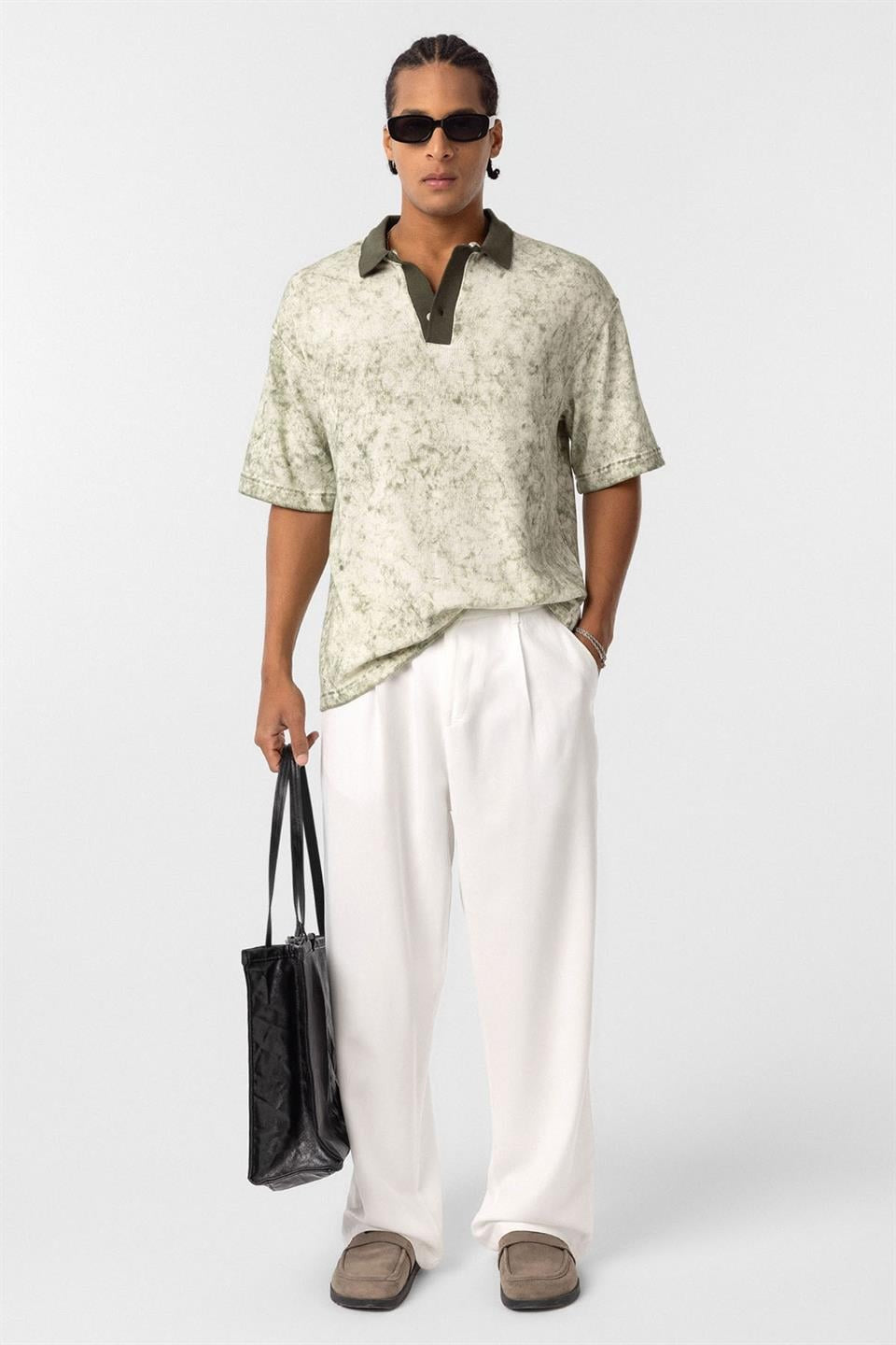 Pre-Washed Knit Oversized Polo-Neck T-Shirt