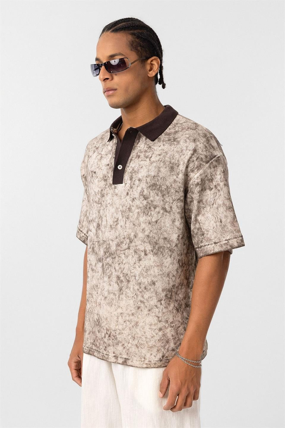 Pre-Washed Knit Oversized Polo-Neck T-Shirt