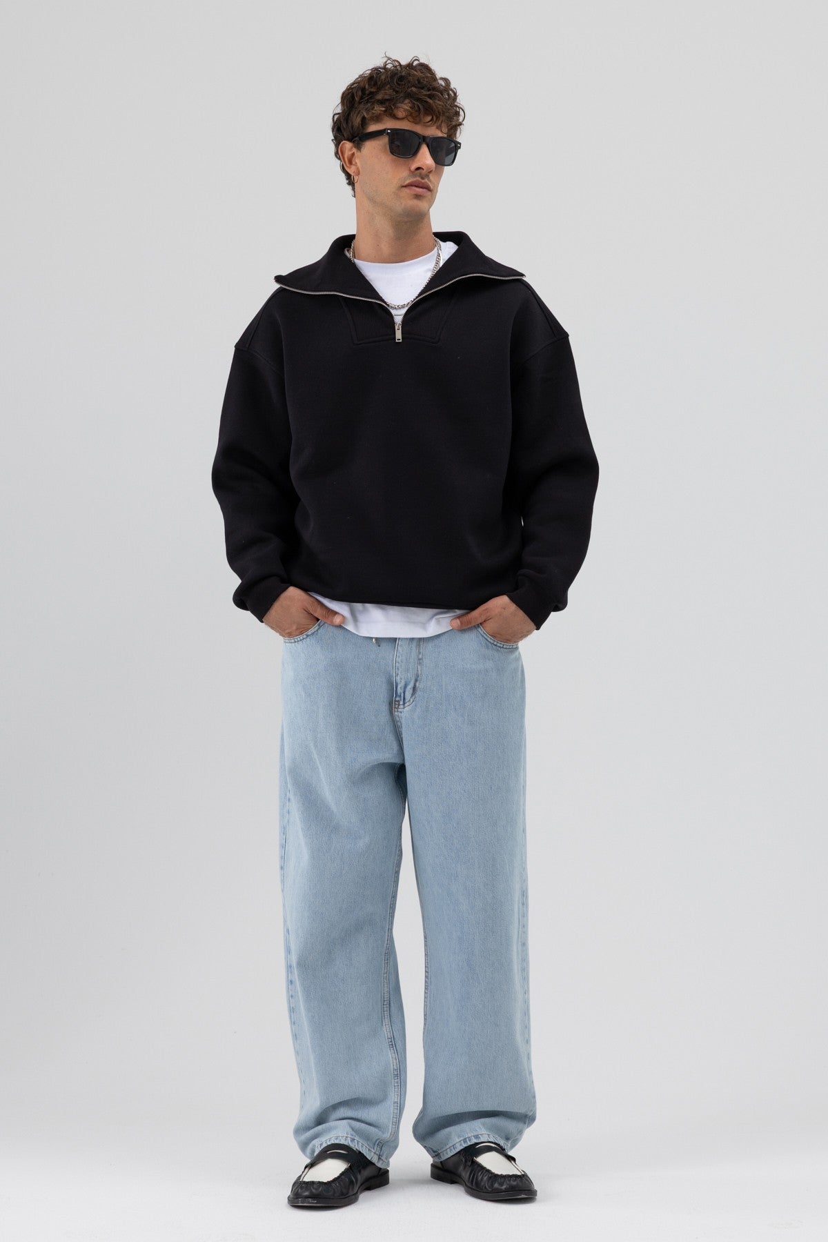 Basic Zipper-Front Stand-Up Collar Sweatshirt