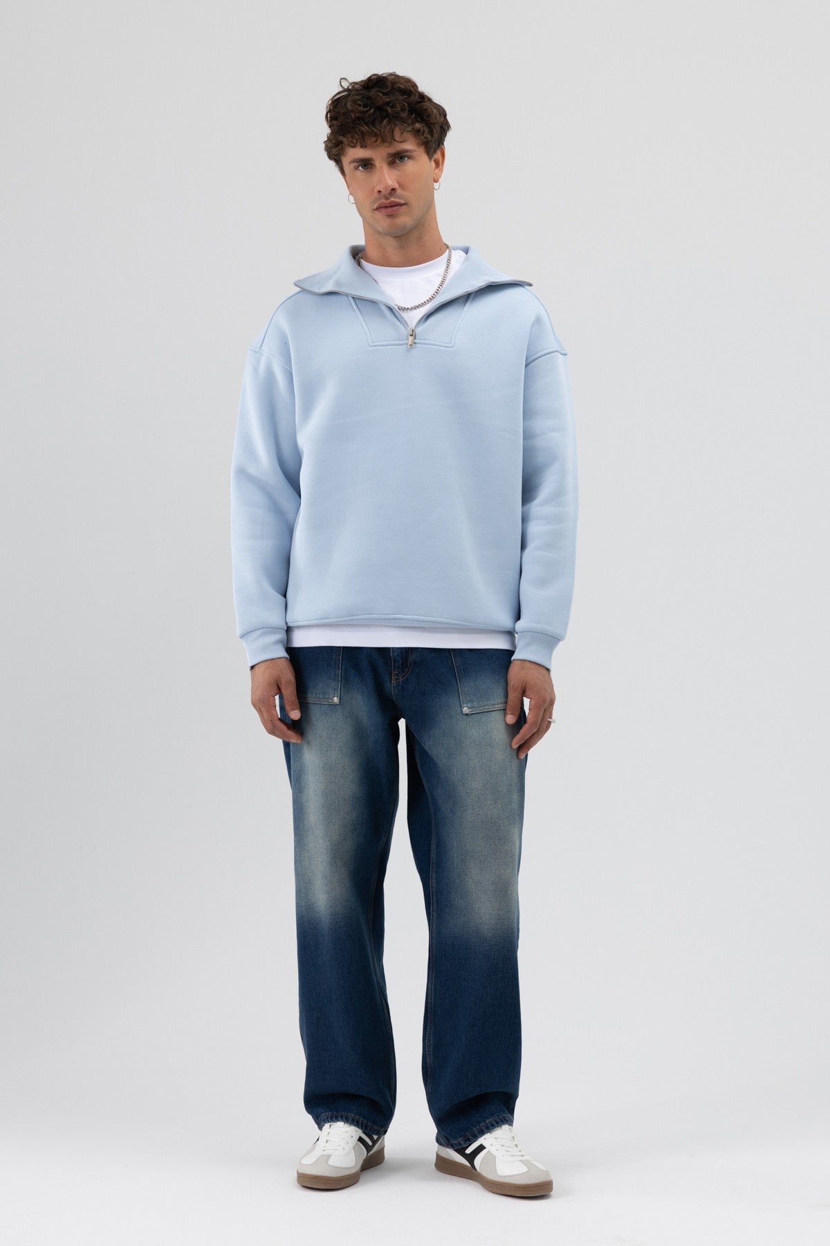 Basic Zipper-Front Stand-Up Collar Sweatshirt